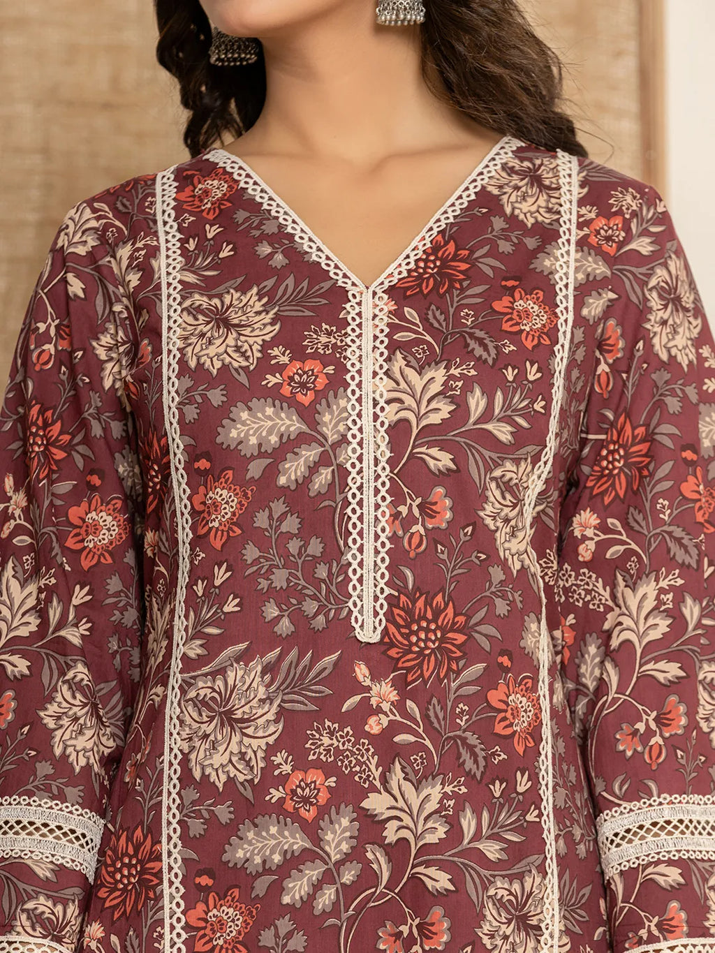 Yufta Maroon Floral Print Cotton Straight Style Kurta And Trouser With Dupatta