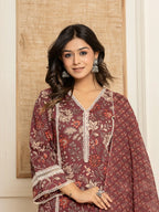 Yufta Maroon Floral Print Cotton Straight Style Kurta And Trouser With Dupatta
