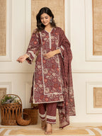 Yufta Maroon Floral Print Cotton Straight Style Kurta And Trouser With Dupatta