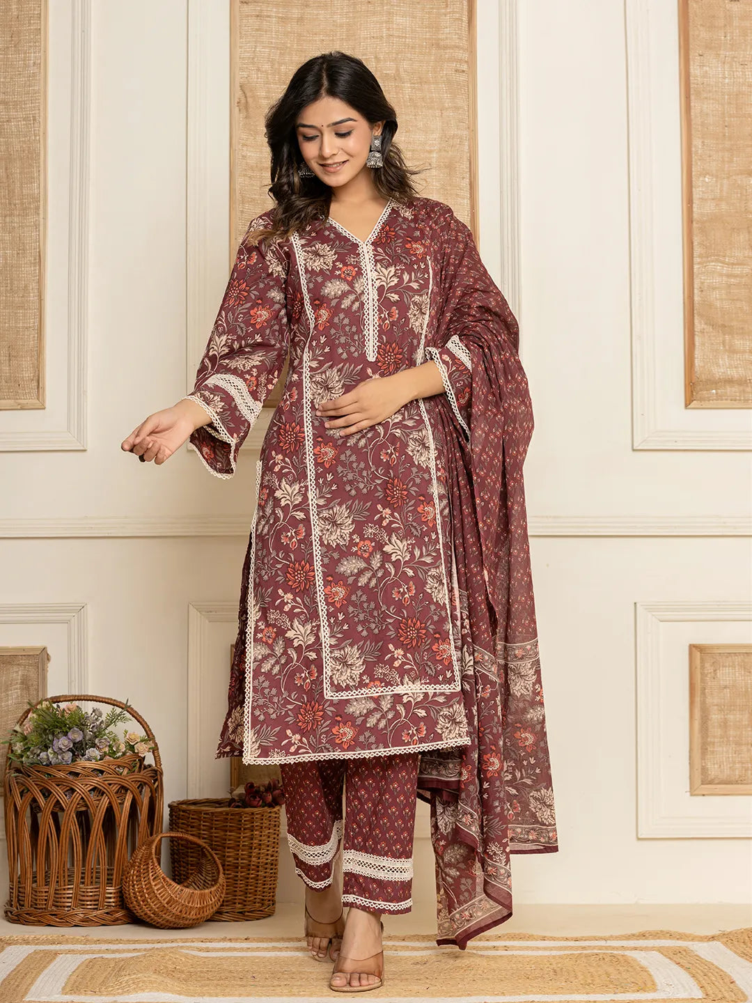 Yufta Maroon Floral Print Cotton Straight Style Kurta And Trouser With Dupatta