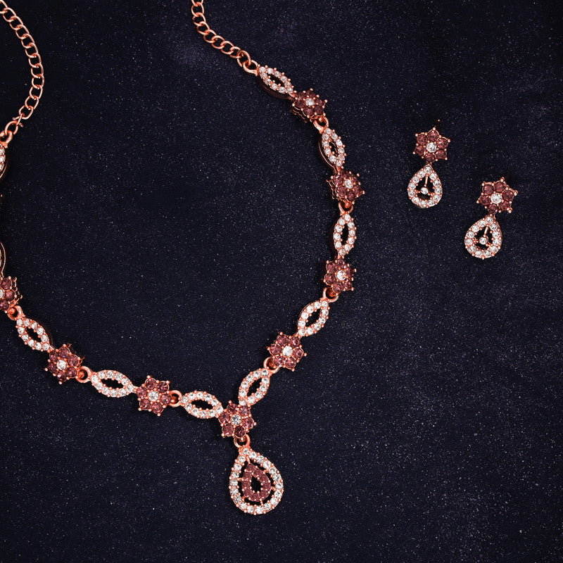 Tehzeeb Creations Elegant Rose Gold Polished American Diamond (Ad) Studded Necklace And Earring Set For Women