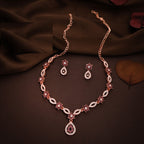 Tehzeeb Creations Elegant Rose Gold Polished American Diamond (Ad) Studded Necklace And Earring Set For Women