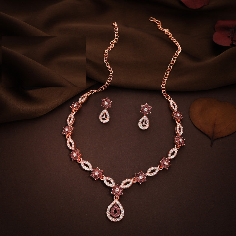 Tehzeeb Creations Elegant Rose Gold Polished American Diamond (Ad) Studded Necklace And Earring Set For Women