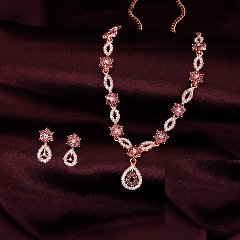 Tehzeeb Creations Elegant Rose Gold Polished American Diamond (Ad) Studded Necklace And Earring Set For Women