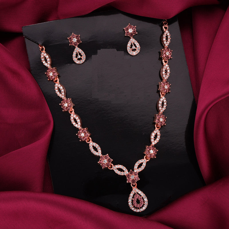 Tehzeeb Creations Elegant Rose Gold Polished American Diamond (Ad) Studded Necklace And Earring Set For Women