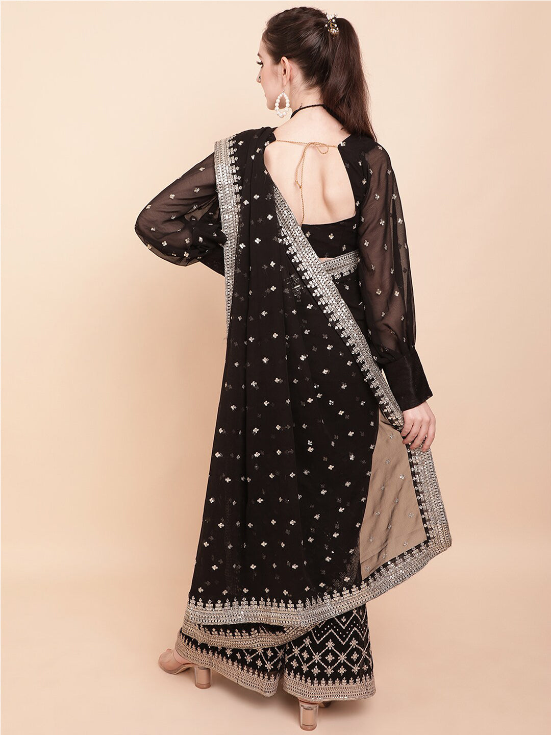 Sangria Black & White Embellished Sequinned Pure Georgette Palazzo Saree - Distacart