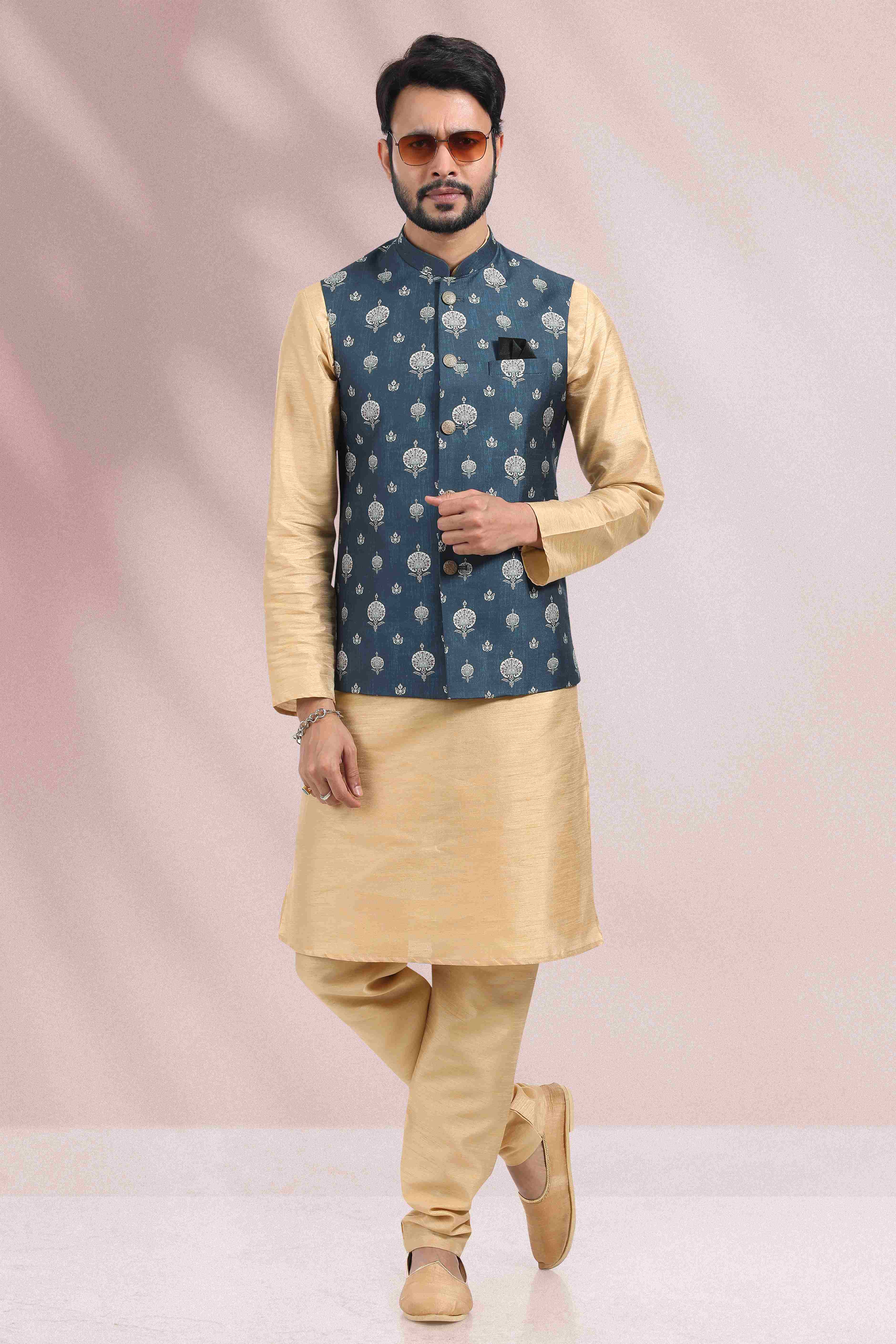 Raivat Ethnic Art Banarasi Silk Printed Work 3 Pics Jacket Set In Blue Colour
