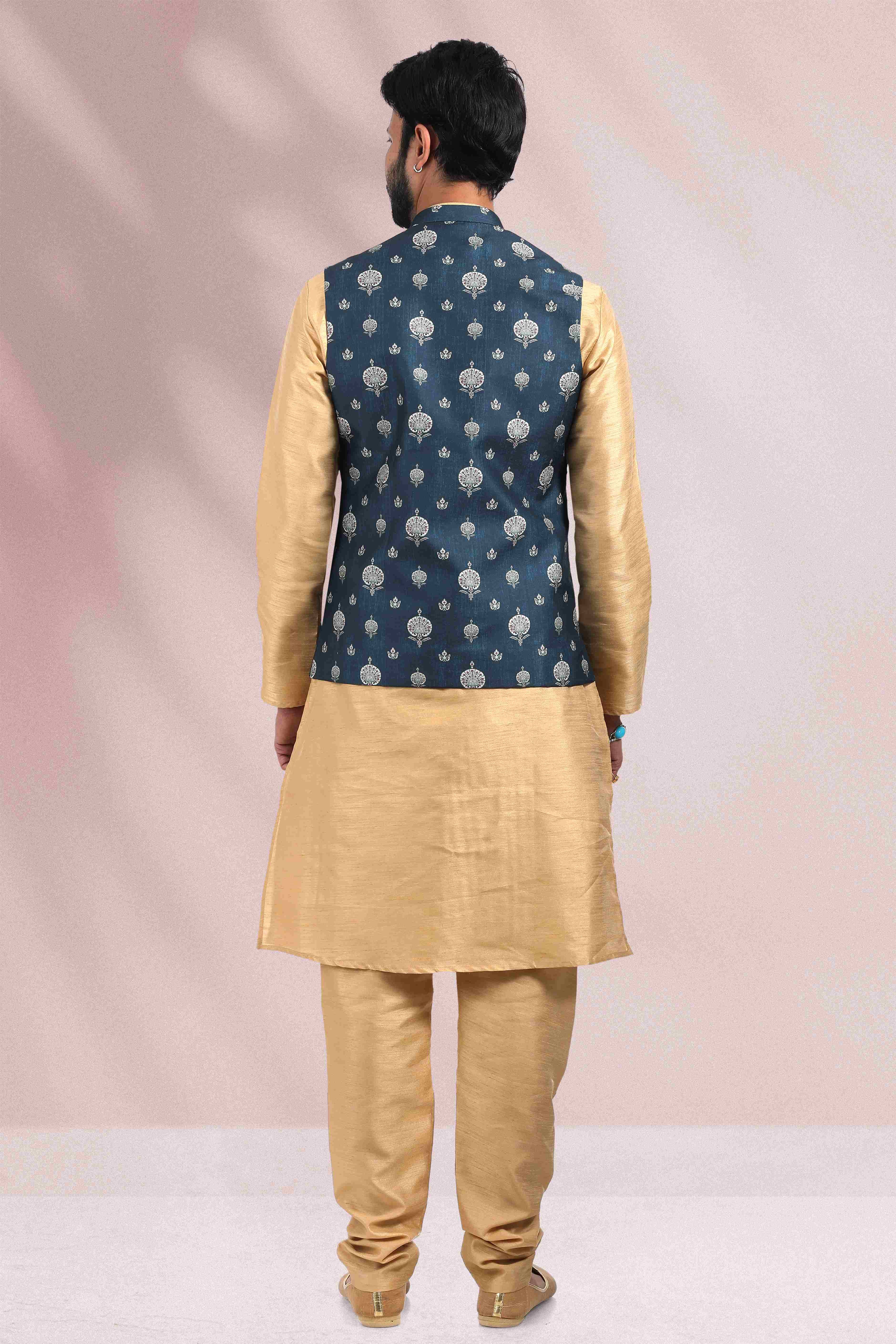 Raivat Ethnic Art Banarasi Silk Printed Work 3 Pics Jacket Set In Blue Colour