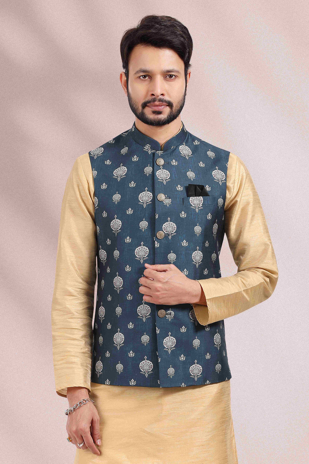 Raivat Ethnic Art Banarasi Silk Printed Work 3 Pics Jacket Set In Blue Colour