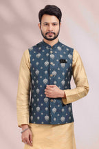 Raivat Ethnic Art Banarasi Silk Printed Work 3 Pics Jacket Set In Blue Colour