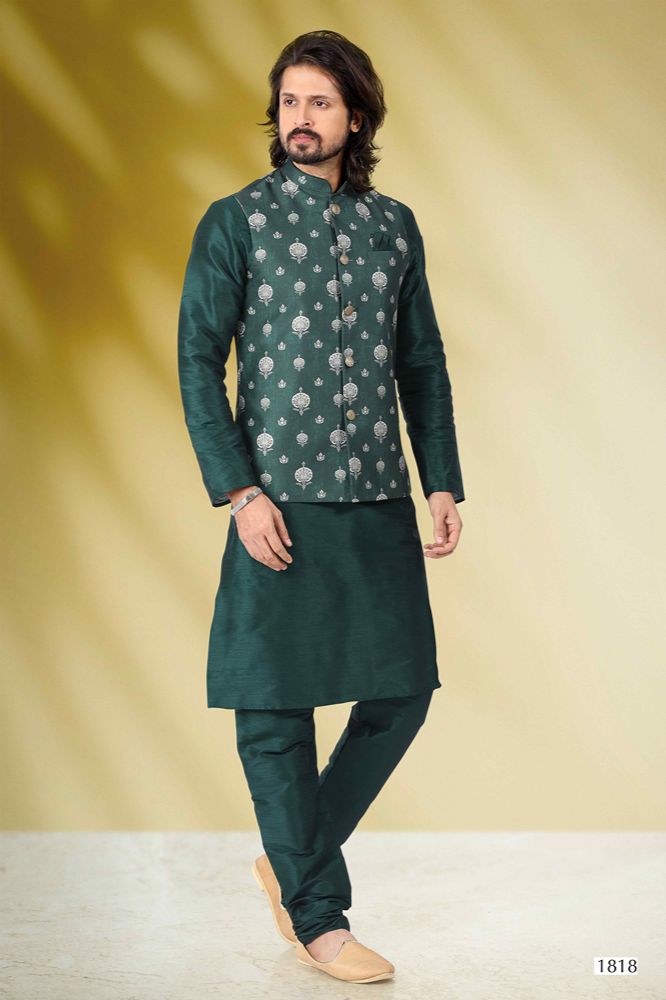 Raivat Ethnic Art Banarasi Silk Printed Work 3 Pics Jacket Set In Green Colour