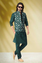 Raivat Ethnic Art Banarasi Silk Printed Work 3 Pics Jacket Set In Green Colour