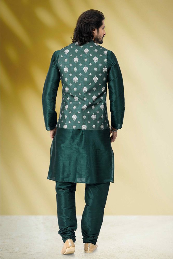 Raivat Ethnic Art Banarasi Silk Printed Work 3 Pics Jacket Set In Green Colour