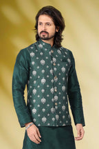 Raivat Ethnic Art Banarasi Silk Printed Work 3 Pics Jacket Set In Green Colour