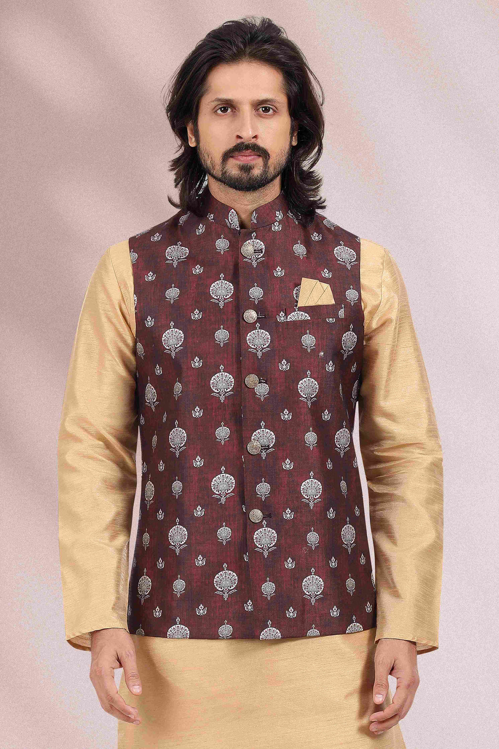 Raivat Ethnic Art Banarasi Silk Printed Work 3 Pics Jacket Set In Wine Colour