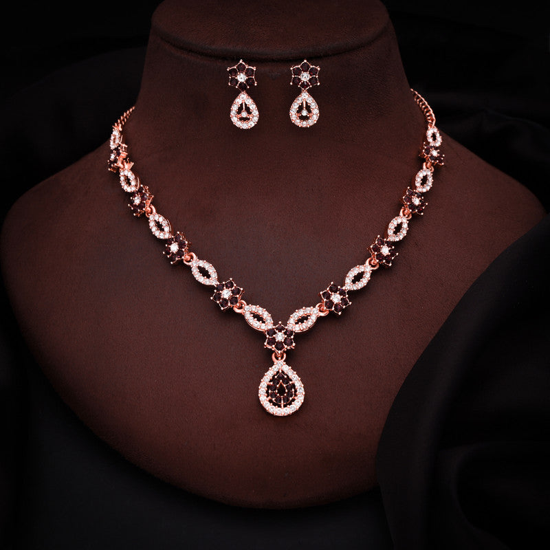 Tehzeeb Creations Elegant Maroon Polished American Diamond (Ad) Studded Necklace And Earring Set For Women