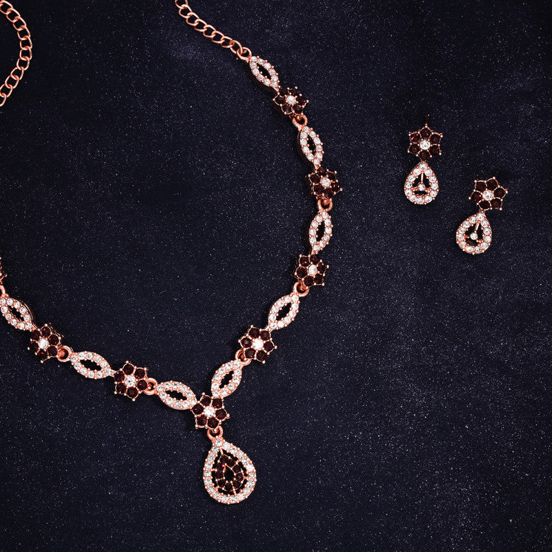 Tehzeeb Creations Elegant Maroon Polished American Diamond (Ad) Studded Necklace And Earring Set For Women