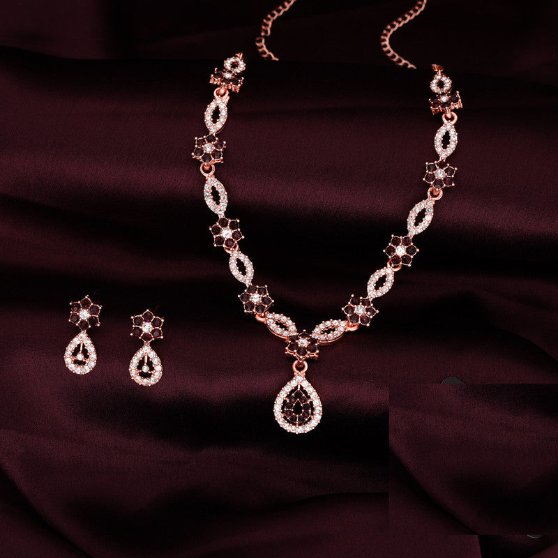 Tehzeeb Creations Elegant Maroon Polished American Diamond (Ad) Studded Necklace And Earring Set For Women