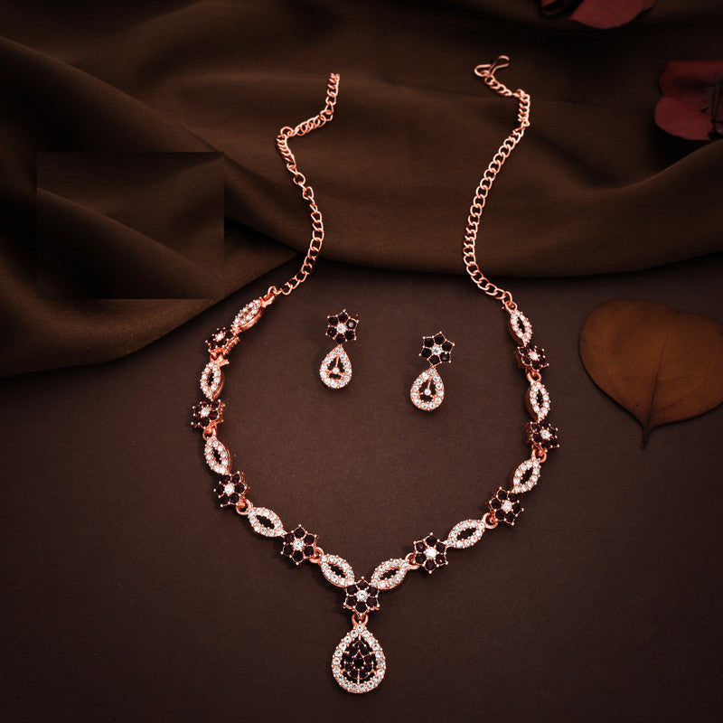 Tehzeeb Creations Elegant Maroon Polished American Diamond (Ad) Studded Necklace And Earring Set For Women