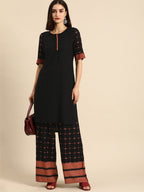All About You Women Black & Pink Regular Round Neck Kurta with Palazzos