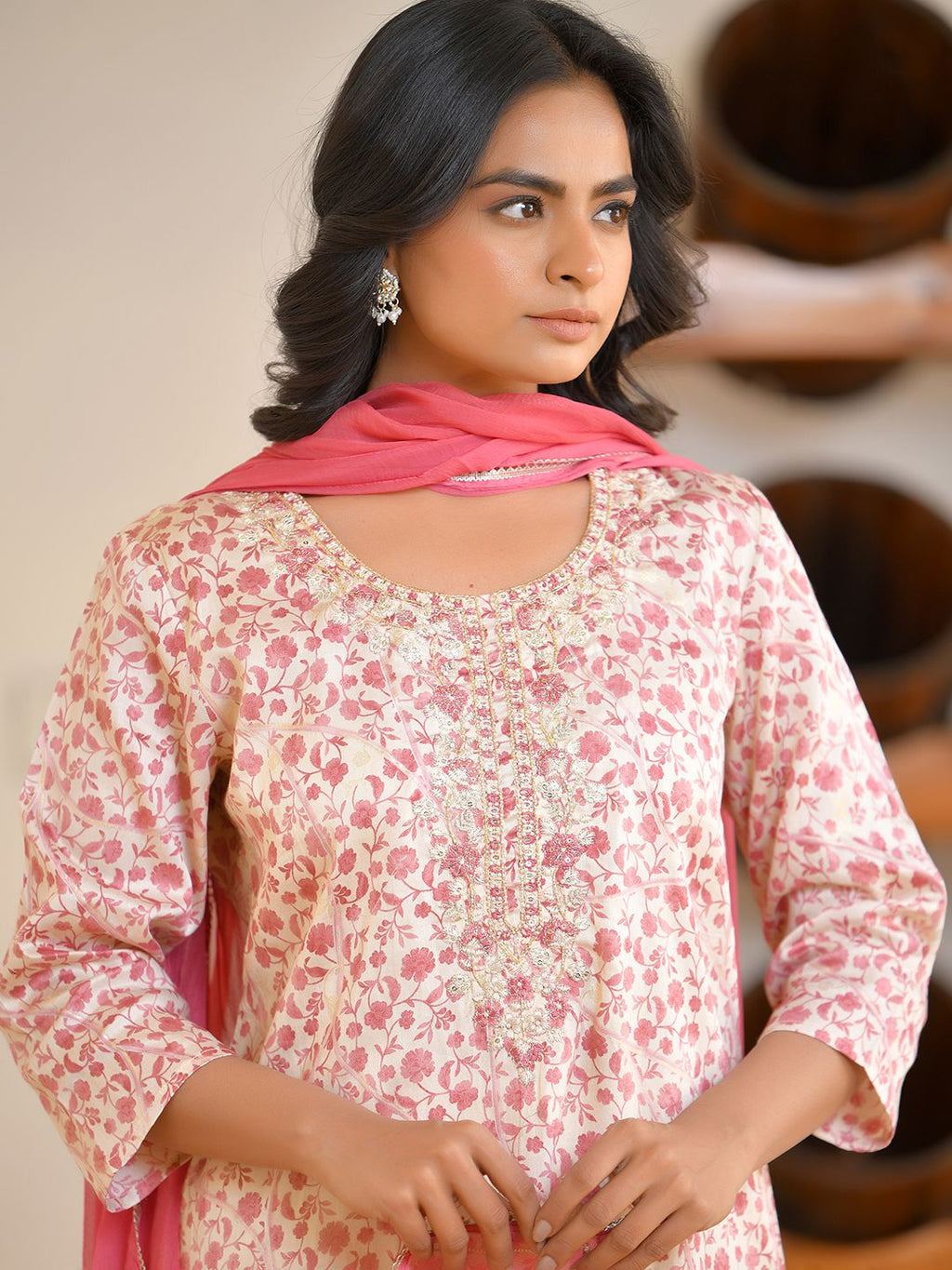 Vaasva Women's Classic Cream Cotton Foil Printedembroidered Suit Set