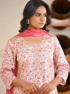 Vaasva Women's Classic Cream Cotton Foil Printedembroidered Suit Set