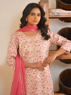 Vaasva Women's Classic Cream Cotton Foil Printedembroidered Suit Set