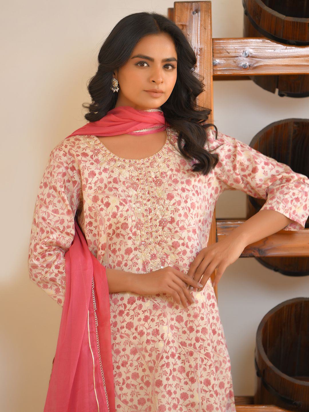 Vaasva Women's Classic Cream Cotton Foil Printedembroidered Suit Set