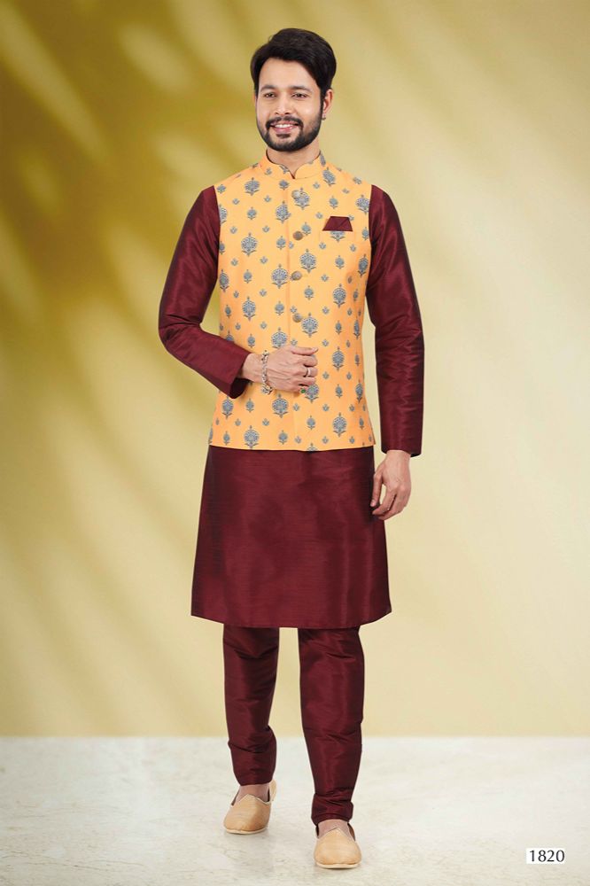 Raivat Ethnic Art Banarasi Silk Printed Work 3 Pics Jacket Set In Yellow Colour