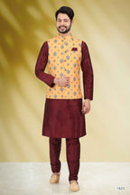 Raivat Ethnic Art Banarasi Silk Printed Work 3 Pics Jacket Set In Yellow Colour
