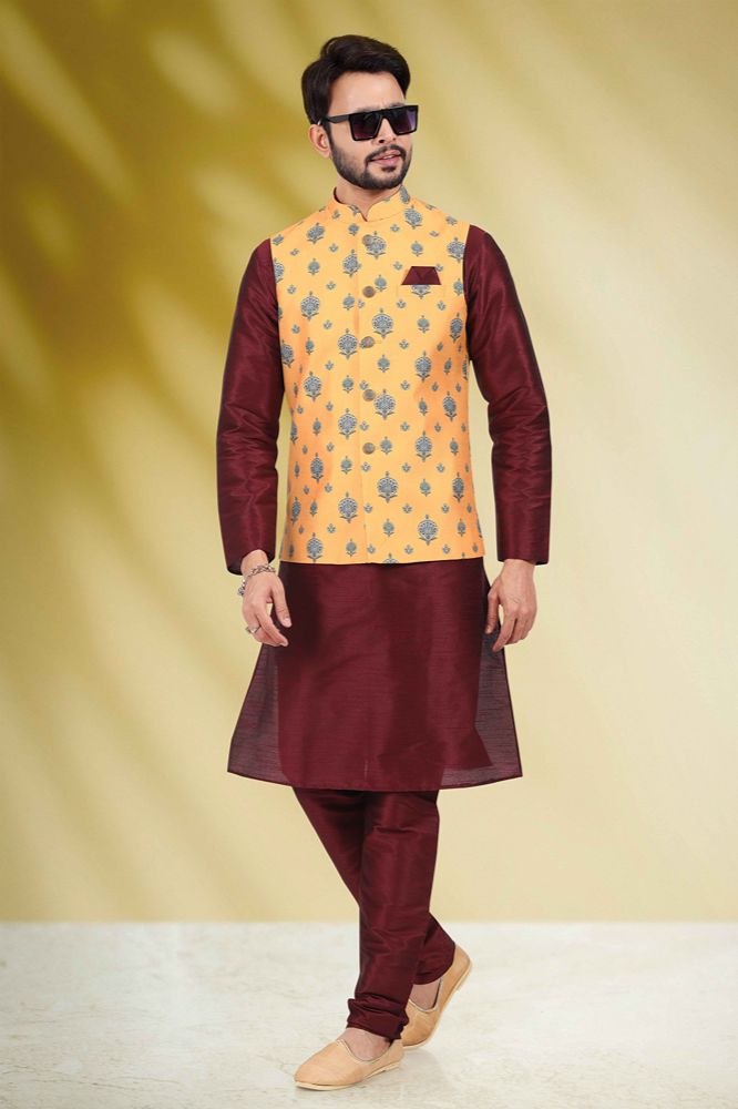 Raivat Ethnic Art Banarasi Silk Printed Work 3 Pics Jacket Set In Yellow Colour