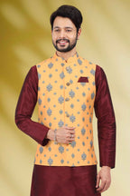 Raivat Ethnic Art Banarasi Silk Printed Work 3 Pics Jacket Set In Yellow Colour