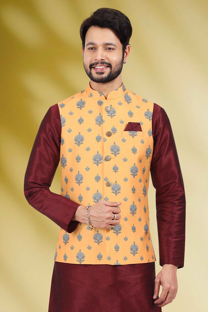 Raivat Ethnic Art Banarasi Silk Printed Work 3 Pics Jacket Set In Yellow Colour