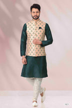 Raivat Ethnic Art Banarasi Silk Printed Work 3 Pics Jacket Set In Peach Colour