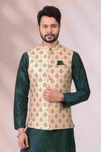 Raivat Ethnic Art Banarasi Silk Printed Work 3 Pics Jacket Set In Peach Colour