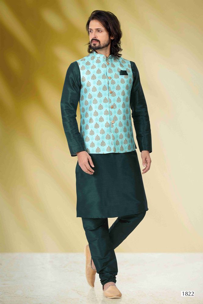 Raivat Ethnic Art Banarasi Silk Printed Work 3 Pics Jacket Set In Sea Green Colour