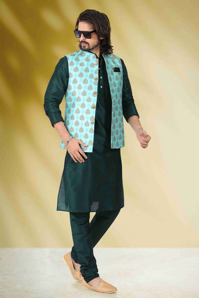 Raivat Ethnic Art Banarasi Silk Printed Work 3 Pics Jacket Set In Sea Green Colour