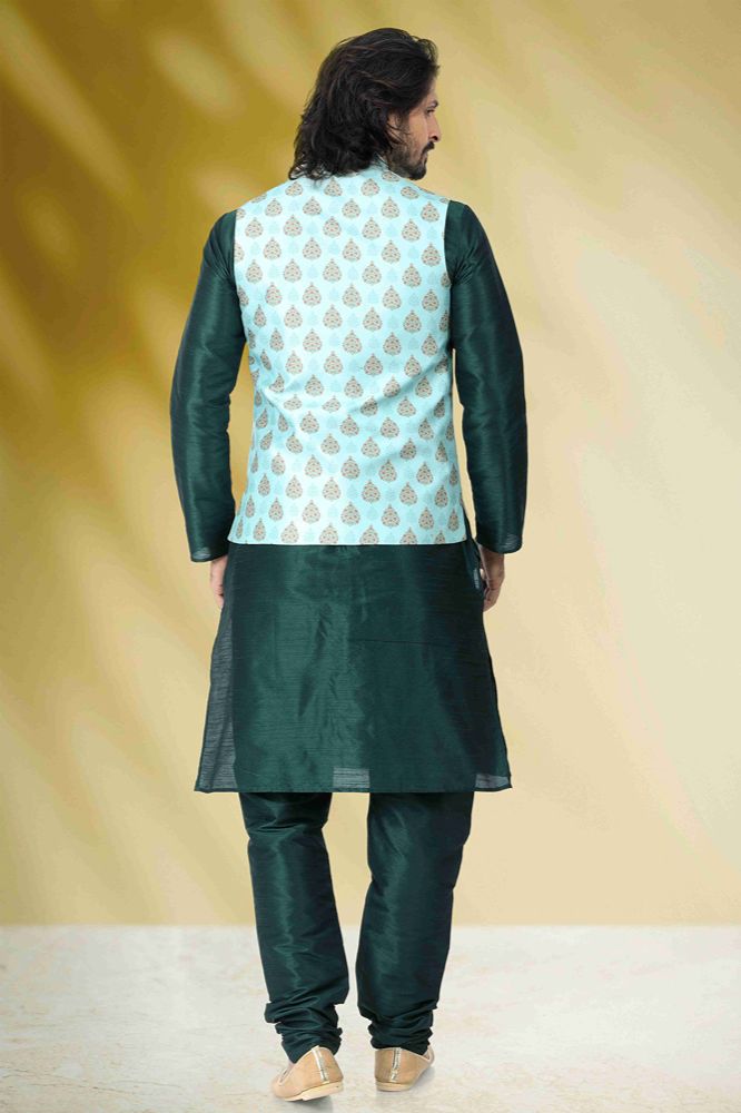 Raivat Ethnic Art Banarasi Silk Printed Work 3 Pics Jacket Set In Sea Green Colour