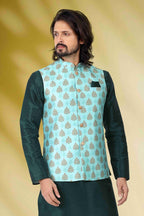 Raivat Ethnic Art Banarasi Silk Printed Work 3 Pics Jacket Set In Sea Green Colour