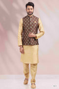 Raivat Ethnic Art Banarasi Silk Printed Work 3 Pics Jacket Set In Brown Colour