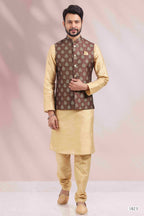 Raivat Ethnic Art Banarasi Silk Printed Work 3 Pics Jacket Set In Brown Colour