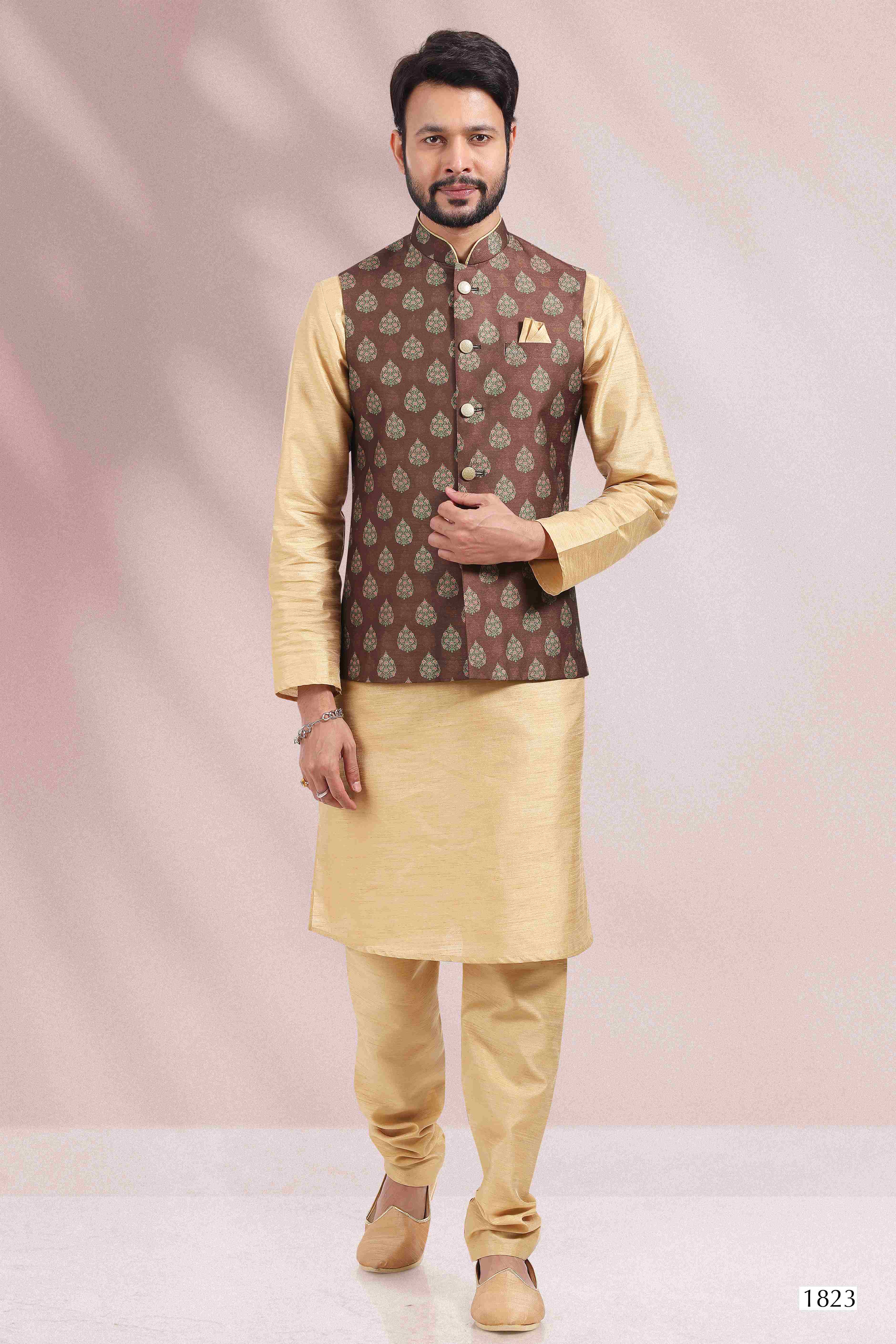 Raivat Ethnic Art Banarasi Silk Printed Work 3 Pics Jacket Set In Brown Colour