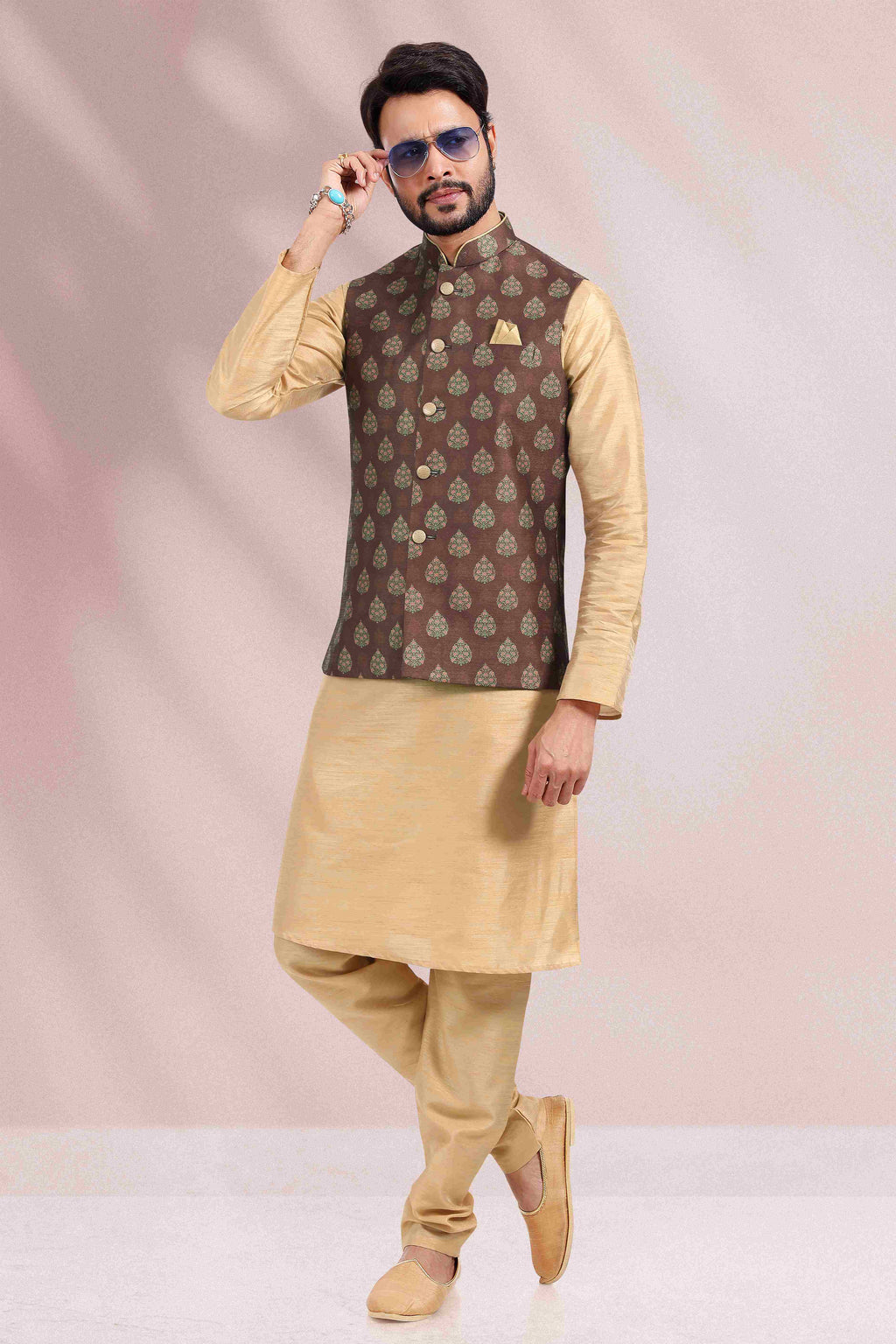 Raivat Ethnic Art Banarasi Silk Printed Work 3 Pics Jacket Set In Brown Colour