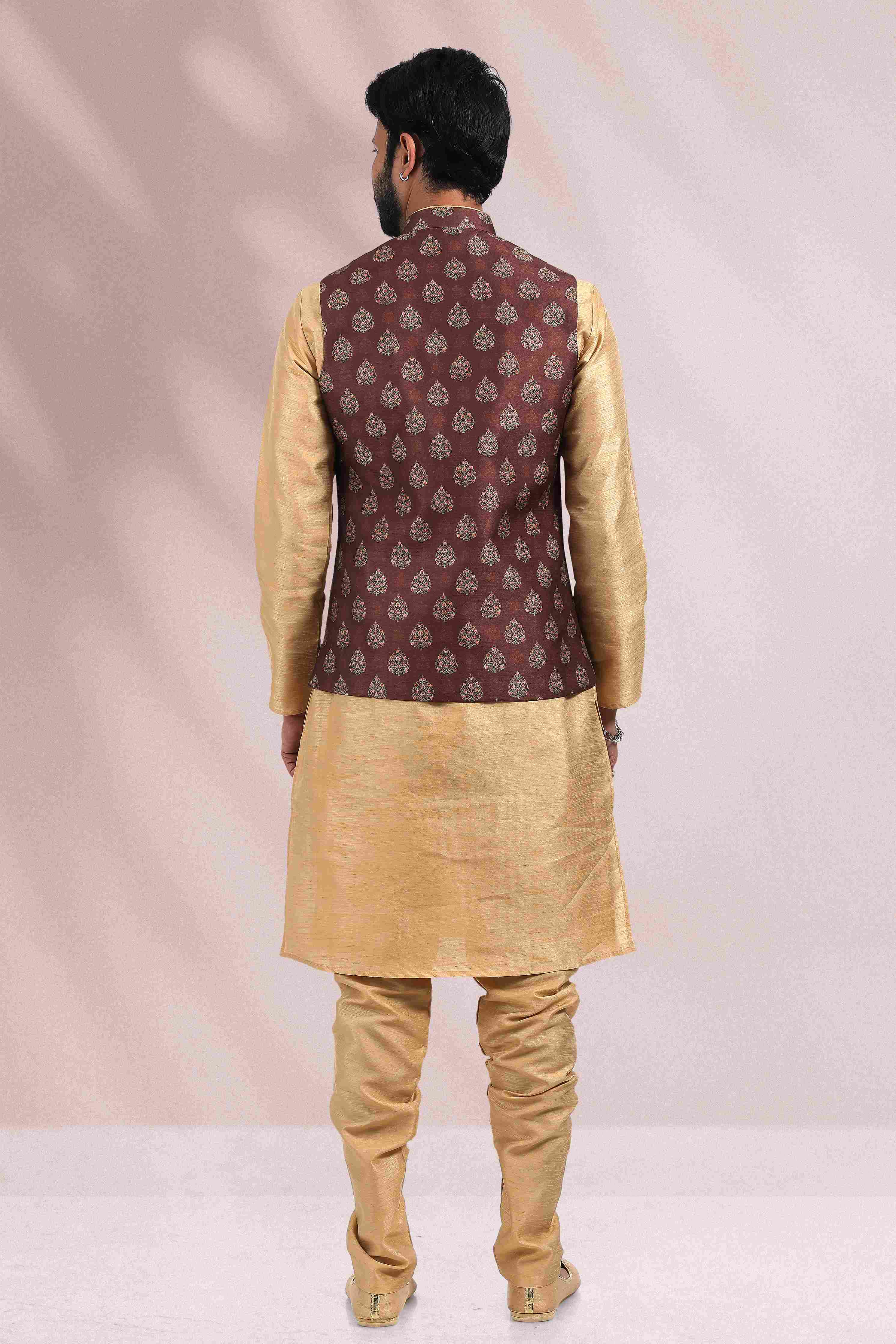 Raivat Ethnic Art Banarasi Silk Printed Work 3 Pics Jacket Set In Brown Colour