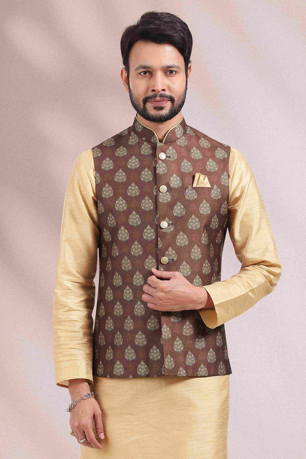 Raivat Ethnic Art Banarasi Silk Printed Work 3 Pics Jacket Set In Brown Colour