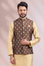 Raivat Ethnic Art Banarasi Silk Printed Work 3 Pics Jacket Set In Brown Colour