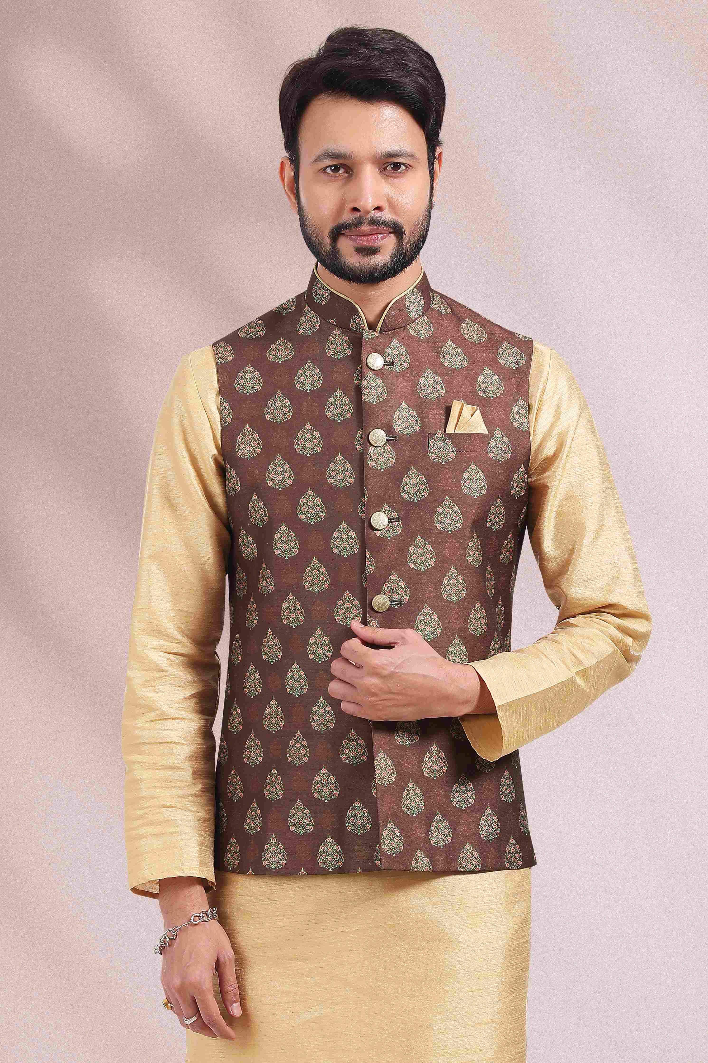 Raivat Ethnic Art Banarasi Silk Printed Work 3 Pics Jacket Set In Brown Colour