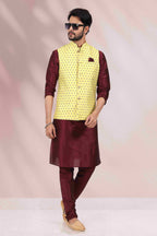 Raivat Ethnic Art Banarasi Silk Printed Work 3 Pics Jacket Set In Yellow Colour