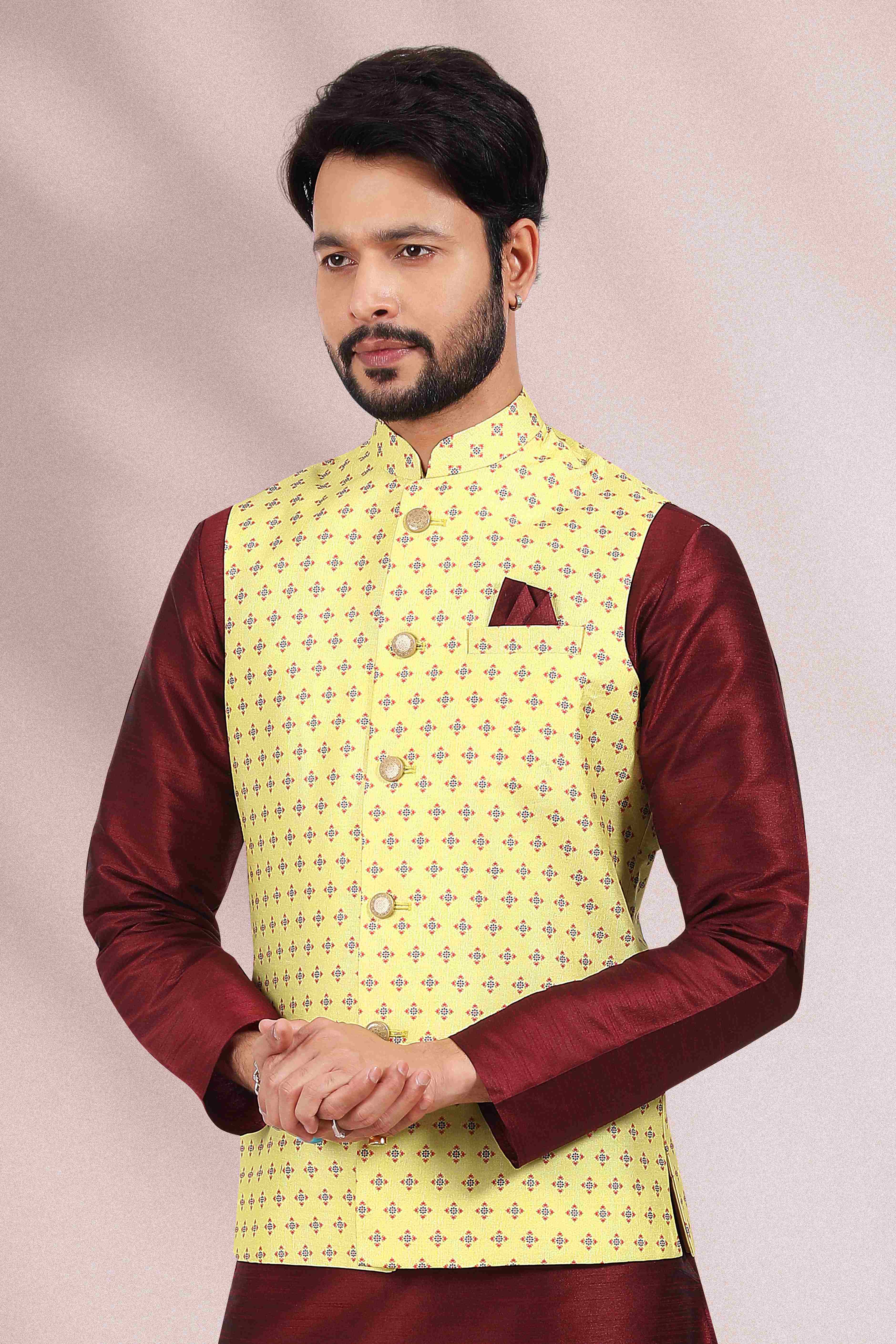 Raivat Ethnic Art Banarasi Silk Printed Work 3 Pics Jacket Set In Yellow Colour