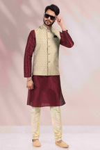 Raivat Ethnic Art Banarasi Silk Printed Work 3 Pics Jacket Set In Cream Colour